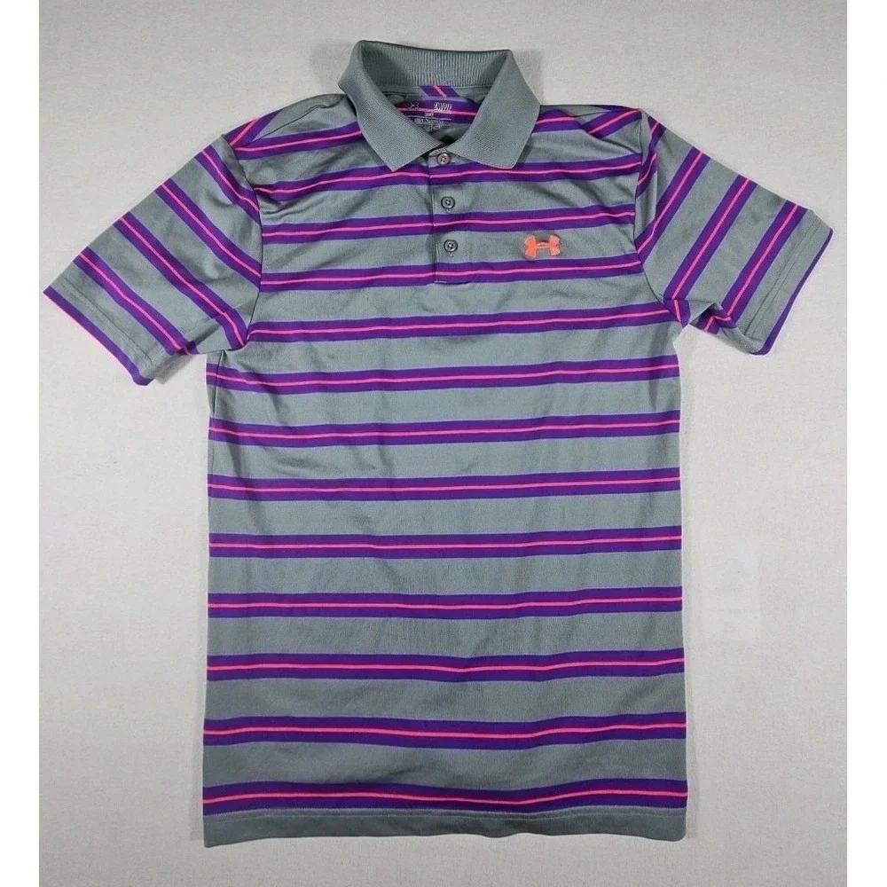 Under Armour Heat‎ Gear Loose Golf Polo Shirt Mens Small Gray/Purple/Pink